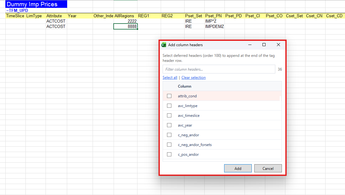 Add Column Headers dialog