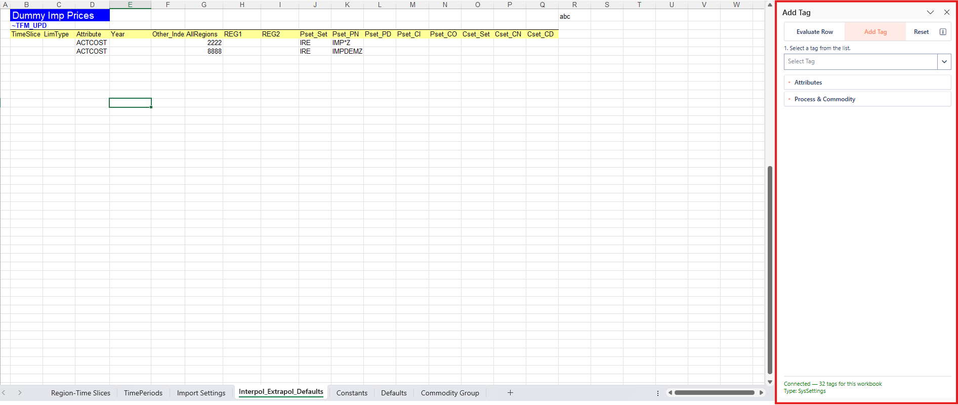 Add Tag task pane with a tag table on the sheet