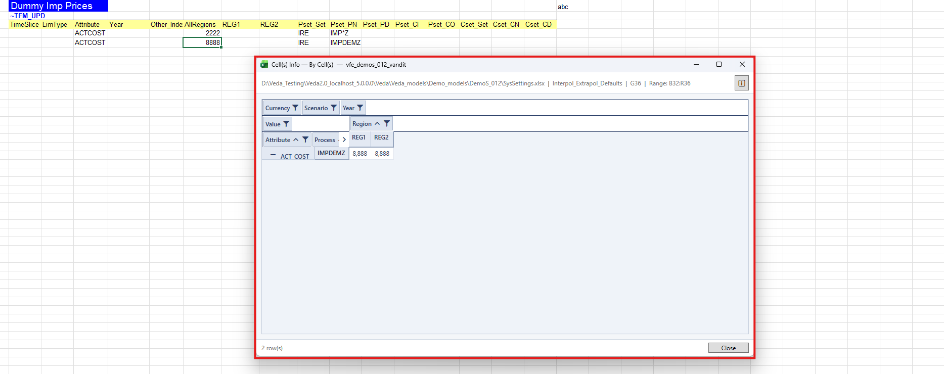 Cell(s) Info pivot view with orange outline on the selected range