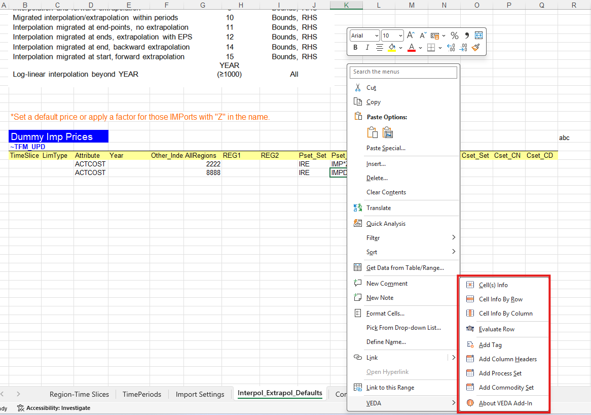 VEDA submenu on the cell right-click menu