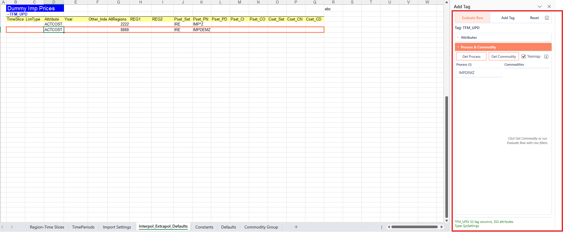 Evaluate Row pane with Process and Commodity grids